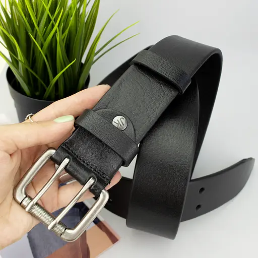 Ремень мужской кожаный широкий JK-4561 черный двухшпеньковый (130 см) - фото 5