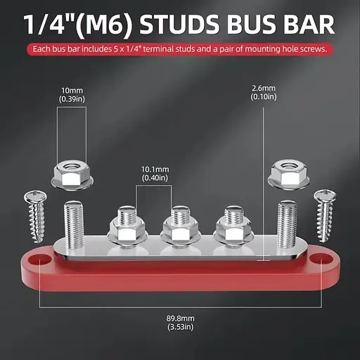 Комплект розподільчих блоків з шиною Bus Bar з 5-ю шпильками М6 для з'єднання кабелів 150А, 48 VDC/300VAC - фото 3