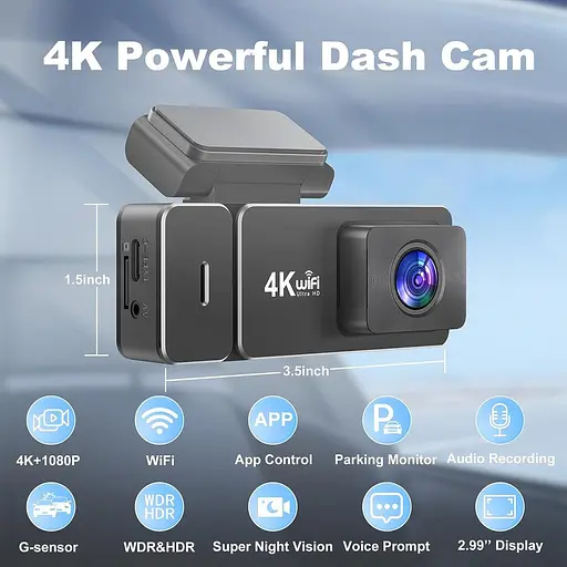 Видеорегистратор спереди и сзади 4k+1080P, CHORTAU WiFi Dual Dash Cam с приложением, 2,99-м' IPS видеорегистратор для автомобилей - фото 2