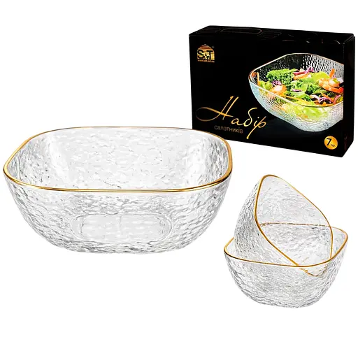 Набір салатників S&T 7 шт. квадрат прозорий золотий кант (9290-1) - фото 1