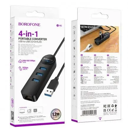 Конвертер адаптер USB Borofone на сетевой выход RJ-45 DH6 Erudite 4-in-1 Gigabit Ethernet Adapter 120 см - фото 5