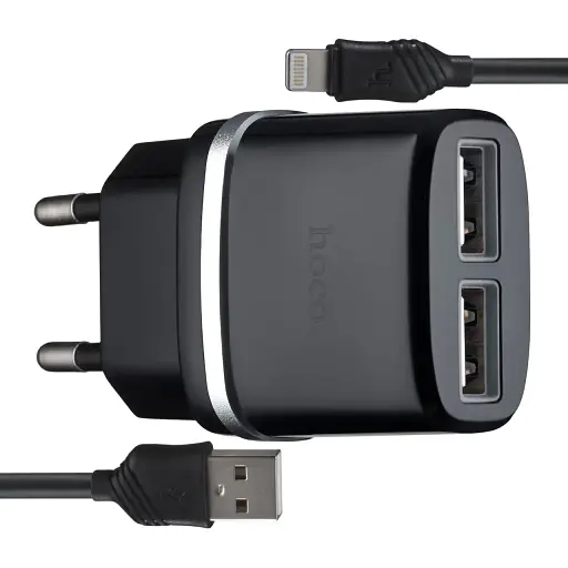 Мережевий зарядний пристрій Hoco C12 Smart dual USB charger set with Lightning cable ( EU ) 2USB 2.4A Чорний - фото 1