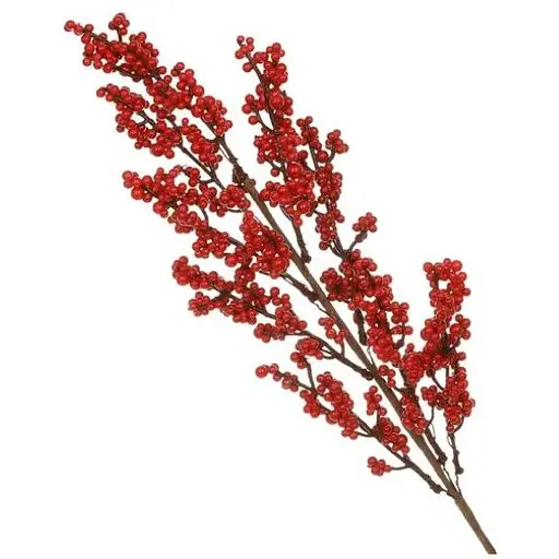 Декоративная искусственная ветка с ярко-красными ягодами для новогоднего и праздничного декора 63 см - фото 1