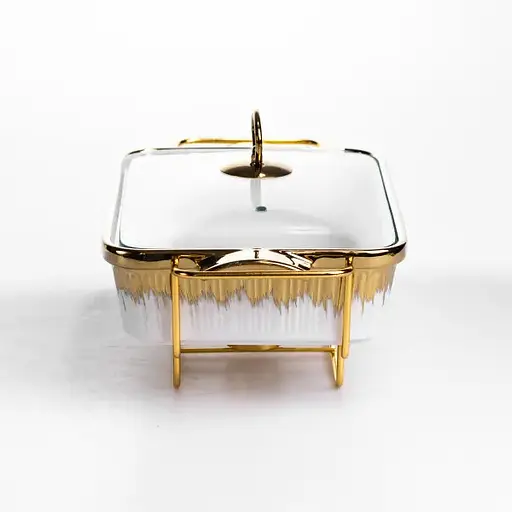 Мармитница фарфоровая Yiwu 1.5 л на золотистой металлической подставке с подогревом 35.5х19х15.5 см с поддержанием температуры ML-860-13 - фото 3