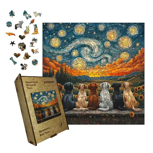 Деревянный фигурный пазл Щенки Ван Гога, А4, Картонная коробка 100 элементов