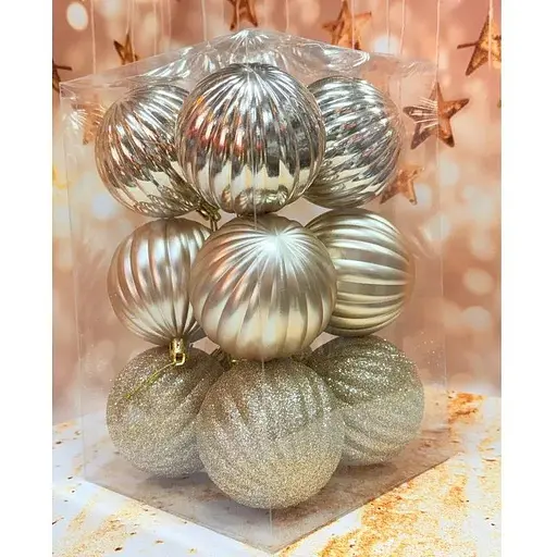 Набір ялинкових іграшок Рельєф пластикових круглих 12 шт 8 см Шампань - фото 1