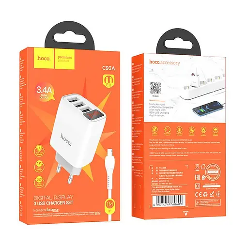 Блок зарядний набір Hoco Easy charge C93A Lightning cable 3USB білий - фото 7