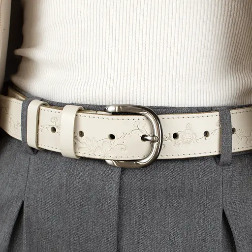 Ремень кожаный женский молочный батальный SF-3531 (145 см) с цветами - фото 6