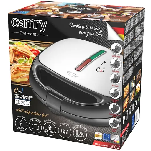 Мультимейкер Camry CR 3057 6в1/ 1200Вт/ гриль/ сендвіч/ вафлі/ горішки/ омлет/ змінні пластини/ сірий - фото 8