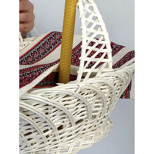 Комплект Великодній кошик Галичина білий із лляним рушником 70х30 см Рандеву червоний та свічка - фото 4