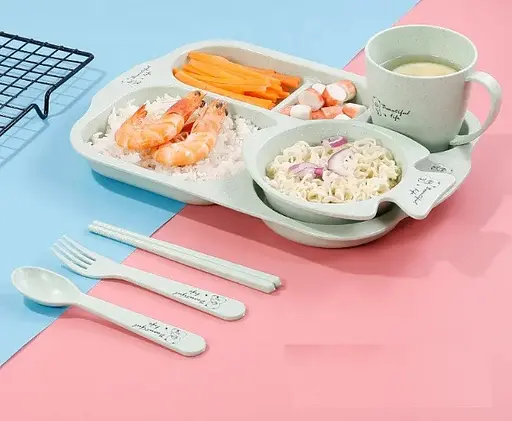 Набор детской посуды из биоразлагаемого волокна пшеничной соломы 6 предметов, зеленый - фото 2