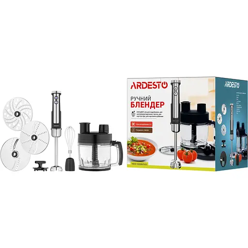 ARDESTO Блендер понурительный HBSG-1000WHCHSL, 1000Вт, 7в1, чаша-2000мл, насадка для нарезки кубиками, черно-серебристый