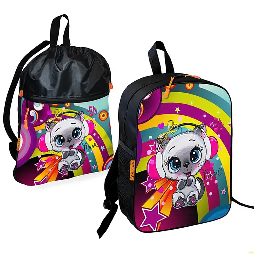 Школьный рюкзак детский с котенком + Сумка для обуви спортивной формы рюкзак-мешок для мальчика (01705)