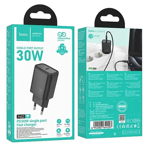 Мережевий зарядний пристрій Hoco N62 Gentle single port PD30W charger (EU) чорний - фото 2
