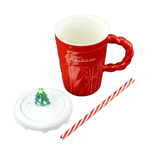 Чашка новогодняя Olens 102-1061-3 Рождественский свитер керамика с крышкой и трубочкой 380 мл Красная - фото 2