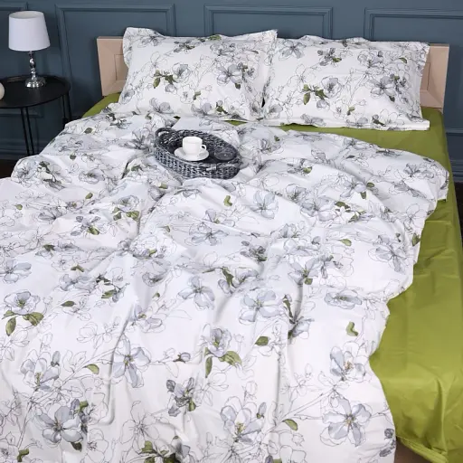 Простыня на резинке MirSon Поплин 00-1 Olive Flowers 70х190 см зеленая (2200009699436)