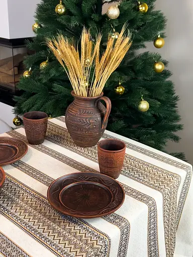 Лляна скатертина різдвяна з українським орнаментом Рандеву коричневий 180х150 см - фото 2