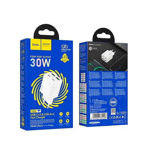 Адаптер сетевой HOCO Fundador four-port charger set N56 2USB/2Type-C, 30W/3A, PD/QC| - фото 2