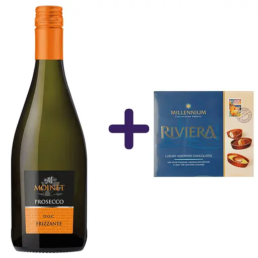 Набор: Полуигристое вино Moinet Prosecco Frizzante DOC белое полусухое 0.75 л + Конфеты Millennium Riviera 125 г 