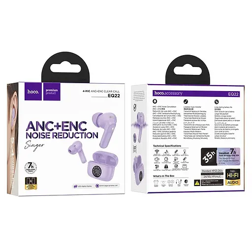 Бездротові навушники Hoco EQ22 Singer true wireless ANC+ENC noise reduction BT headset, BT5.4, 40mAh, 400mAh, 6-7h, purple - фото 2