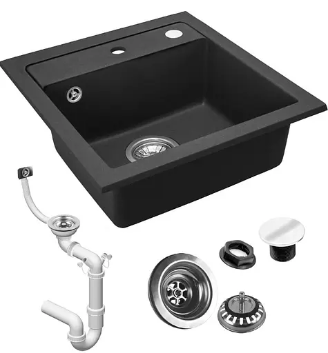 Гранітна кухонна мийка Rea West black з білим вкрапленням ZLE-00115, Чорний матовий - фото 3