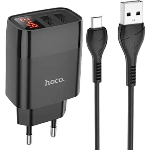 Зарядний адаптер з дисплеєм Hoco C86A Illustrious 2 порти + кабель мікросб чорний - фото 1