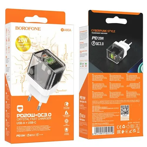 Сетевое зарядное устройство для Borofone BA80A PD20W/QC3.0 transparent черный - фото 3