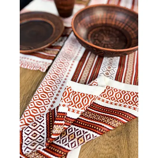 Комплект Різдвяний лляний з українським орнаментом Промінь Ранер 140х40 см + салфетки 30х40 см 20 шт. червоний - фото 2