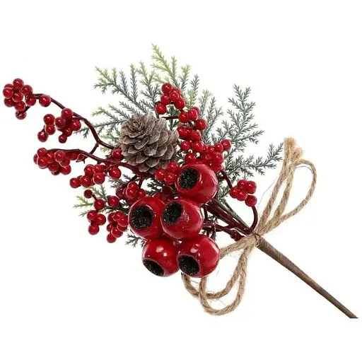 Ветка для декора 28 см Искусственные материалы для декора и флористики с глянцевыми ягодами и шишкой Красный - фото 1