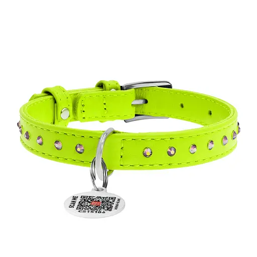 Нашийник для собак шкіряний Waudog Glamour з QR-паспортом з клейовими стразами Ш 15 мм Д 27-36 см салатовий - фото 3