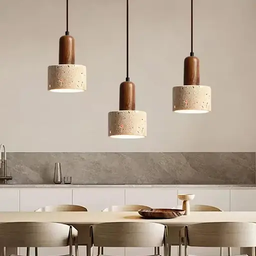 Світильник із підвісним травертиновим корпусом та дерев'яною фурнітурою Ø12х18 см Line F ST001-120 - фото 1