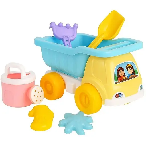 Песочный набор 153720-1 игровой комплект с самосвалом, воронкой и формочками в сетке.