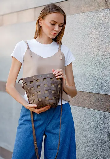 Шкіряна плетена жіноча сумка Пазл M темно-коричнева Crazy Horse - фото 6