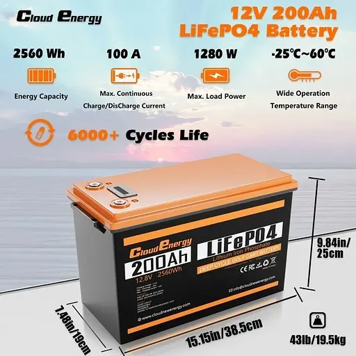 Аккумулятор Cloud Energy LiFePO4 12V (12.8V/200Ah/2560Wh) (CL12-200) [154672] - фото 2