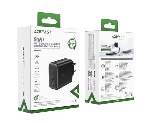Зарядний пристрій 2 порти 50 ват Acefast A29 2 Type-C 3 A 50 W PD QC - фото 6