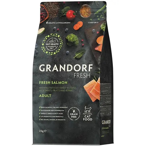 Сухой беззерновой корм для взрослых кошек Grandorf Fresh Salmon & Sweet Potato Adult Cat лосось с бататом 2 кг - фото 1