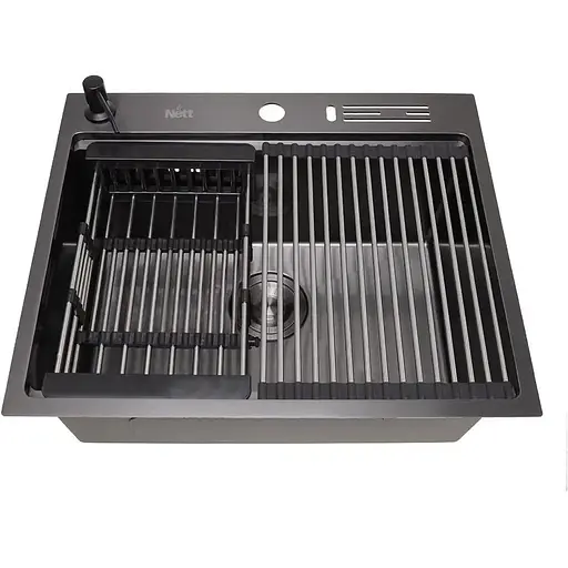 Кухонная мойка Nett NB-5747 черная из нержавейки 1.5 мм многофункциональная накладная - фото 4
