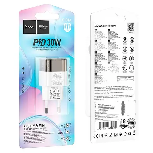 Адаптер сетевой HOCO Platinum dual-port C131A 1USB/1Type-C, 30W/3A, PD/QC| - фото 3