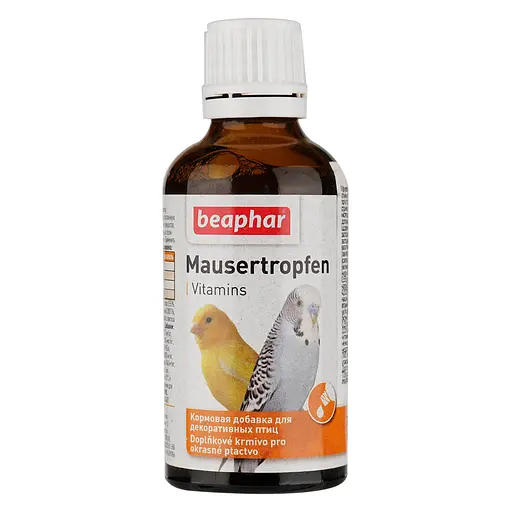 Витамины для улучшения яркости цвета перьев птиц Beaphar Mausertropfen, 50 мл (13225) - фото 1