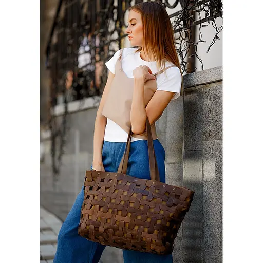 Шкіряна плетена жіноча сумка Пазл Xl темно-коричнева Crazy Horse - фото 8