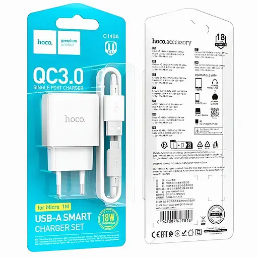 Мережевий зарядний пристрій Hoco C140A QC3.0 18 Вт з кабелем Micro-USB білий - фото 2