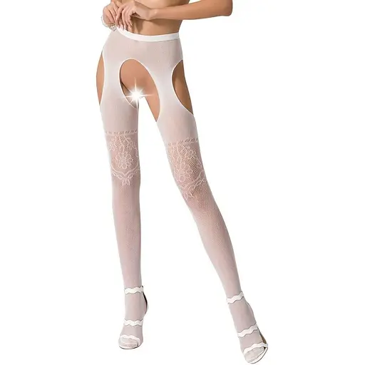 Еротичні колготки-бодістокінг Passion S017 white імітація ажурних панчох та поясів S/M/L