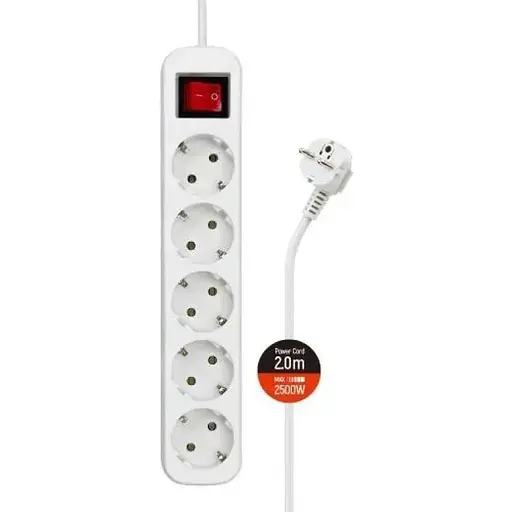 Фильтр сетевой ColorWay, 5 розеток, 2 м, белый, 10А, до 2.5 кВт, заземление, выключатель, 3x1 мм² (CW-PSEA52W) - фото 1