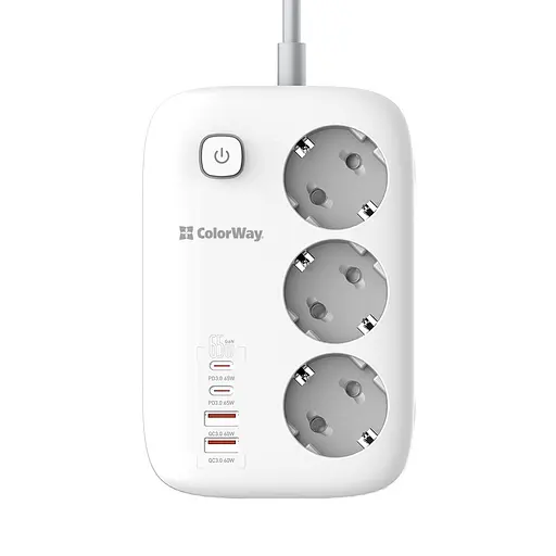 Мережевий фільтр-подовжувач СolorWay 3 розетки/4USB GaN3 Pro PD (2USB-A + 2 TYPE-C) (65W) 2 м (CW-CHE34PDW)