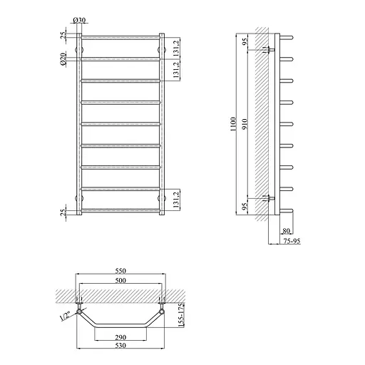 Рушникосушарка водяна Kroner Трапеція ДТ13 1100x530/9 CV023854, Хром, нижнее - фото 2