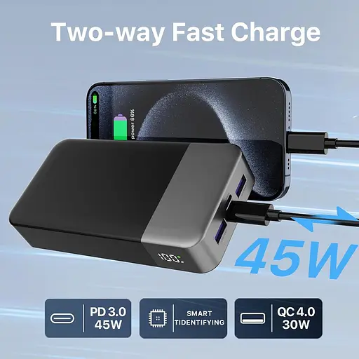 Повербанк NOBIS Power Bank, портативний зарядний пристрій потужністю 45 Вт 20000 мА·год, швидке заряджання USB C, 4-портовий зовнішній - фото 3