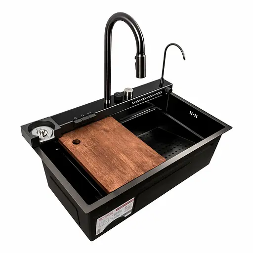 Кухонна мийка 75x45D PVD чорна Platinum Handmade Водоспад декор, Decor - фото 1