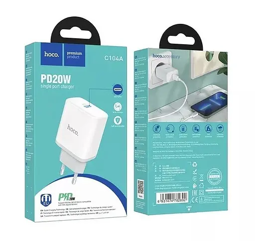 Мережевий зарядний пристрій Hoco C104A Stage single port PD20W charger ( EU ) Білий - фото 2