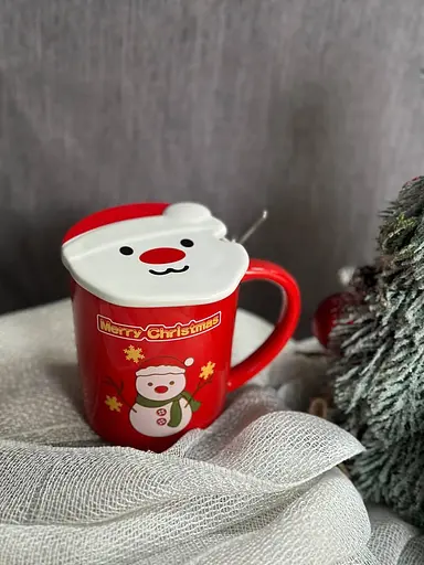 Новогодняя чашка Olens 102-1059-2 Новогодняя 2024 керамика с крышкой и ложкой 380 мл Красная - фото 3