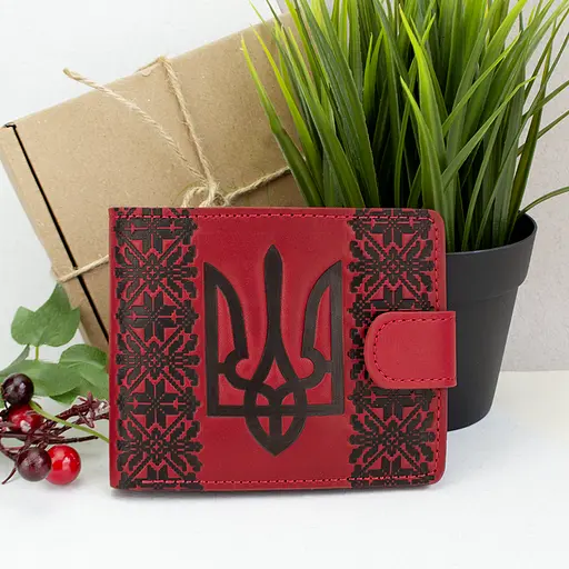 Гаманець жіночий шкіряний з гербом П6-03 червоний на кнопці - фото 1